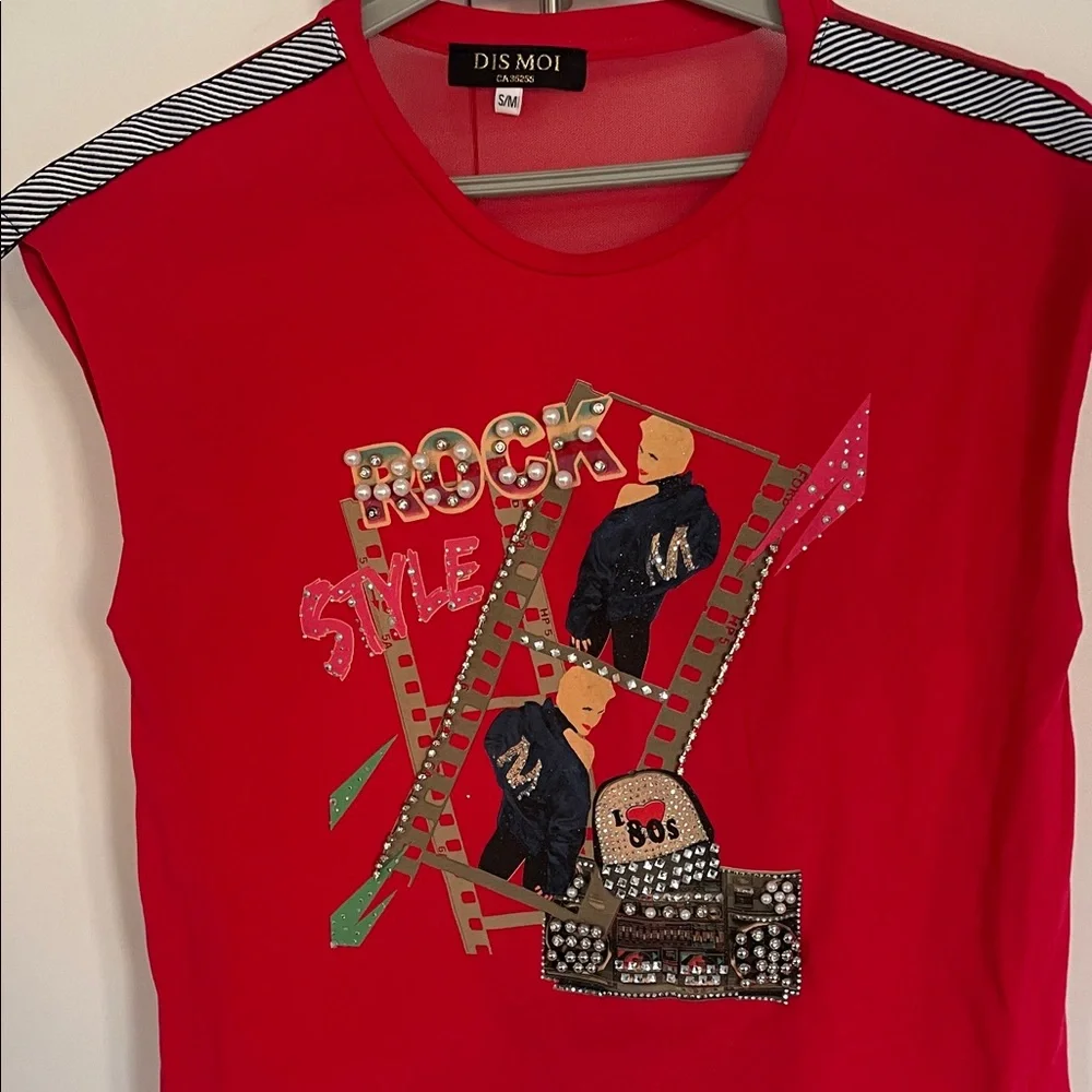 Vintage Rock Style Sleeveless Red Shirt Sheer back. Sequins & Rhinestones - Picture 10 of 17